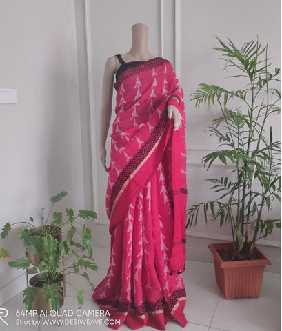 Red handbatik naksha linen saree with woven border - Desi Weave