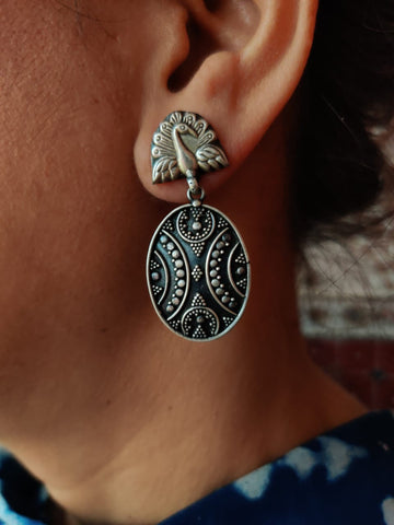 Peacock handcrafted pure silver earrings - Desi Weaves