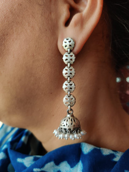 Royal handcrafted pure silver earrings, with pearls - Desi Weaves