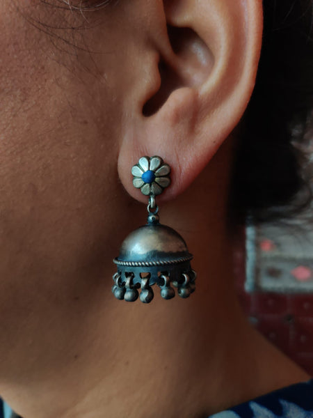 Sehar handcrafted pure silver Jhumka with blue stone - Desi Weaves