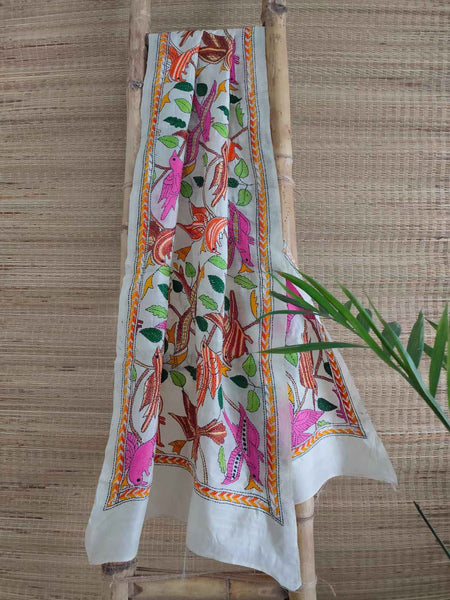 Hand Embroidered Kantha Stitch Pure Tussar Silk Stole