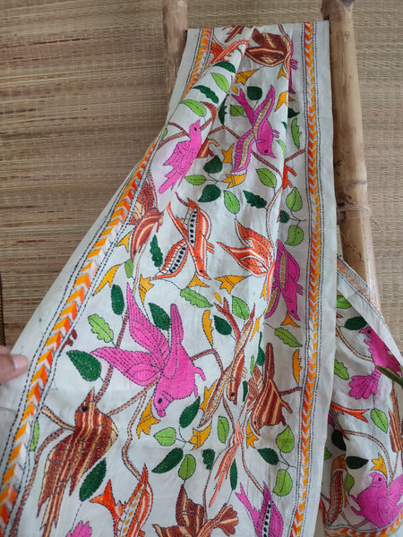 Hand Embroidered Kantha Stitch Pure Tussar Silk Stole - Desi Weaves
