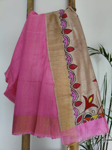 Shocking Pink Handloom Pure Dupion Silk Saree With Blouse - Desi Weave