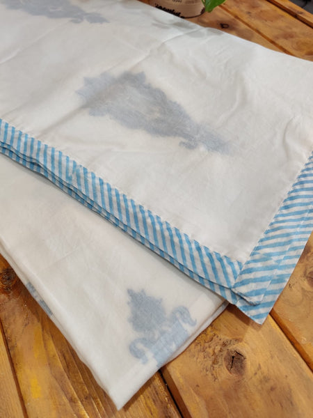 White & Blue Handblock Printed Cotton Single Dohar