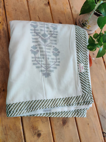 Deep Green & White Handblock Printed Cotton Double Dohar