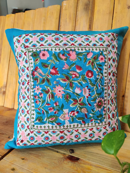 Poojita Block Printed Cotton Quilted Cushion Cover 16 x 16 Inches