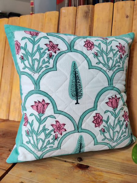 Mahim Handblock Printed Cotton Quilted Cushion Cover 16 x 16 Inches
