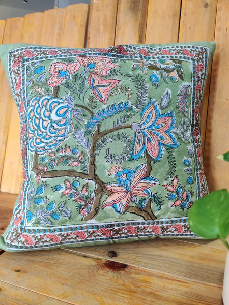 Madhurya Block Printed Cotton Quilted Cushion Cover 16x16 Inches