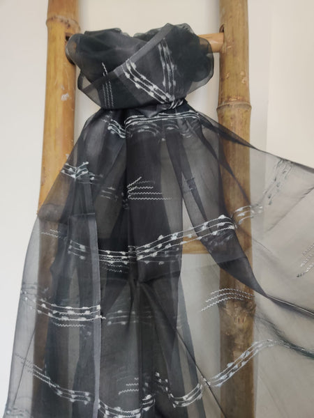 Black Handwoven Tussar Organza Silk Dupatta - Desi Weaves