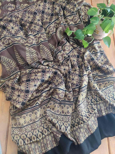 Gulmohar handblock ajrakh modal silk saree