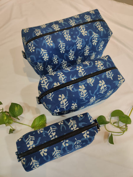 Safarnama handblock cotton travel pouch - set of 3