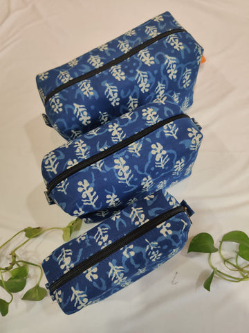 Safarnama handblock cotton travel pouch - set of 3