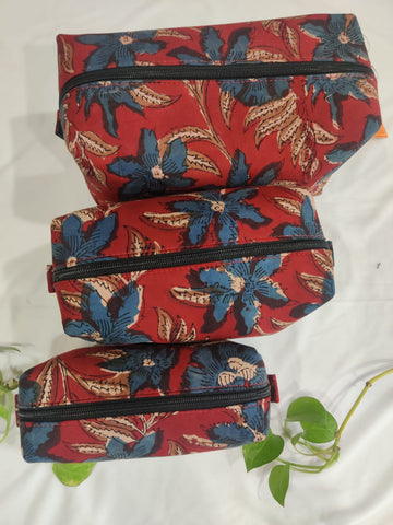 Dosti handblock cotton travel pouch - set of 3