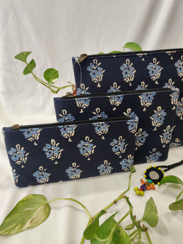 Dhyan hand block printed cotton pouch - set of 3