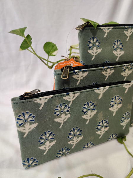 Phool hand block printed cotton pouch - set of 3