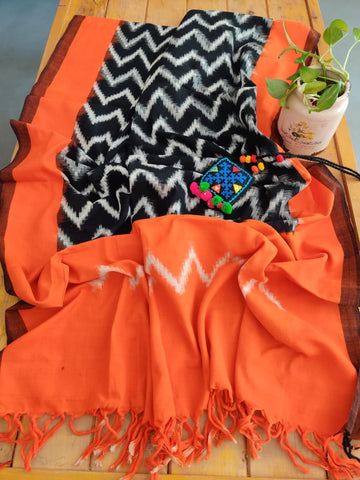 Orange Handwoven Handloom Ikkat Cotton Dupatta