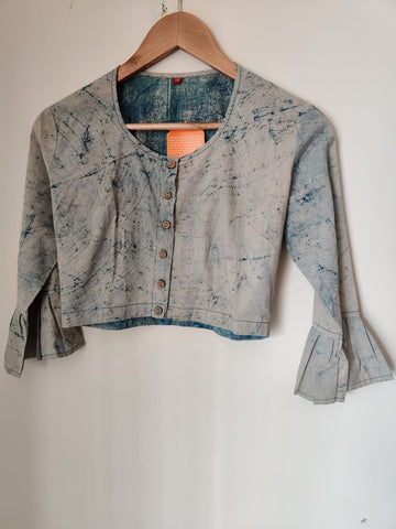 Stone blue shibori handblock printed cotton blouse