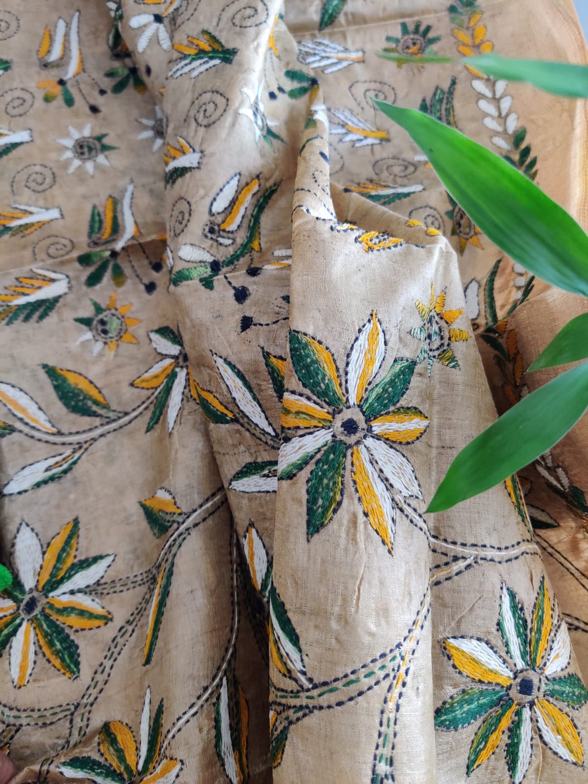 kantha stitch silk dupatta - desi weaves