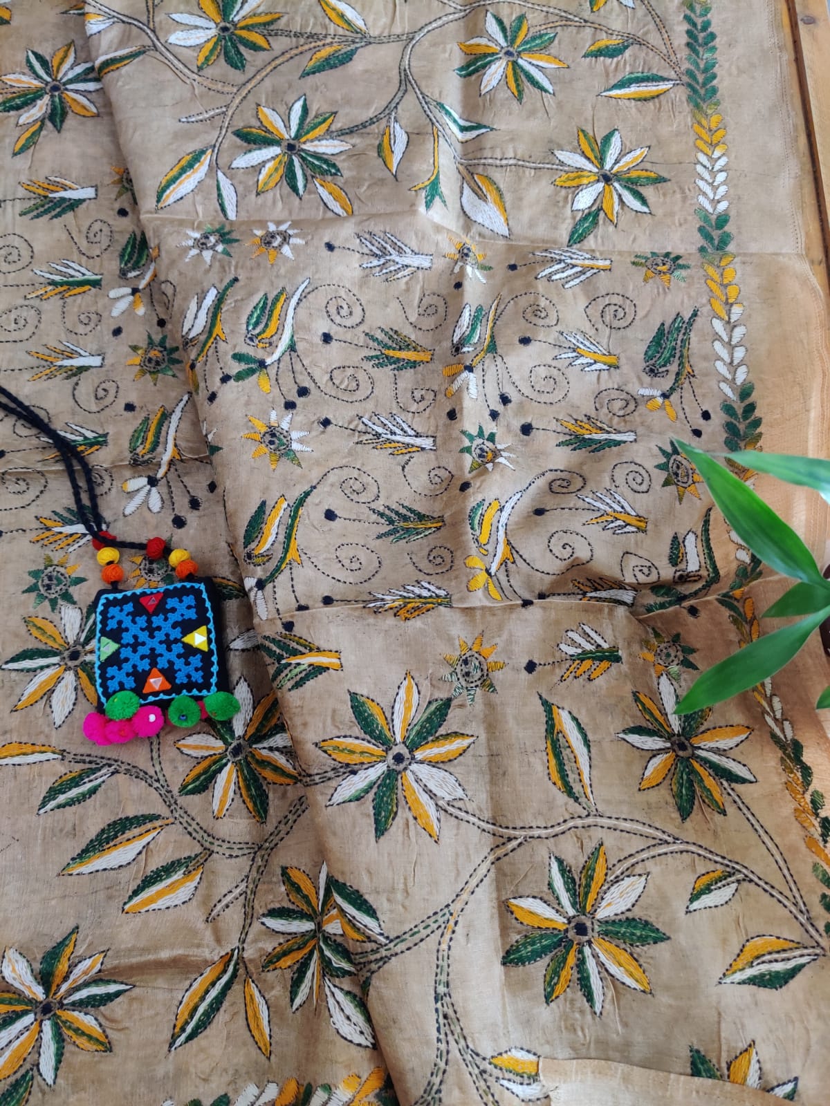 kantha stitch silk dupatta - desi weaves