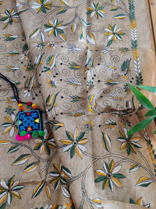 kantha stitch silk dupatta - desi weaves