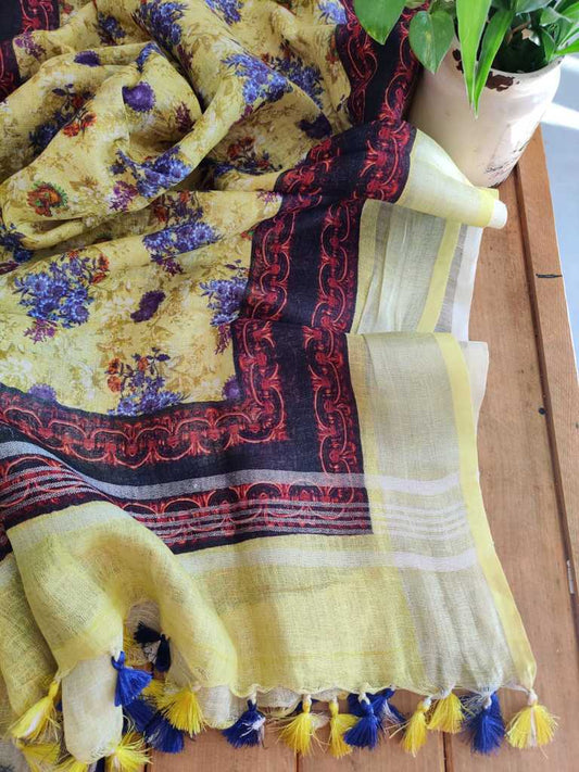 Yellow Pure Linen Dupatta Online - Desi Weaves