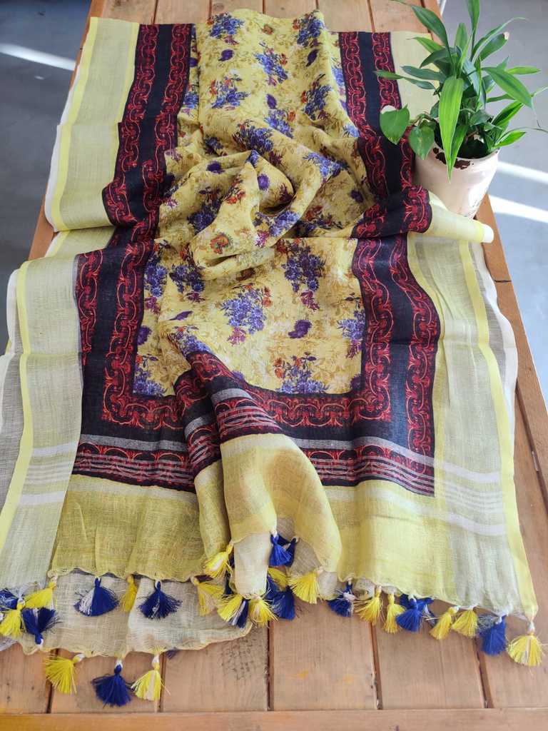 Yellow Pure Linen Dupatta Online - Desi Weaves