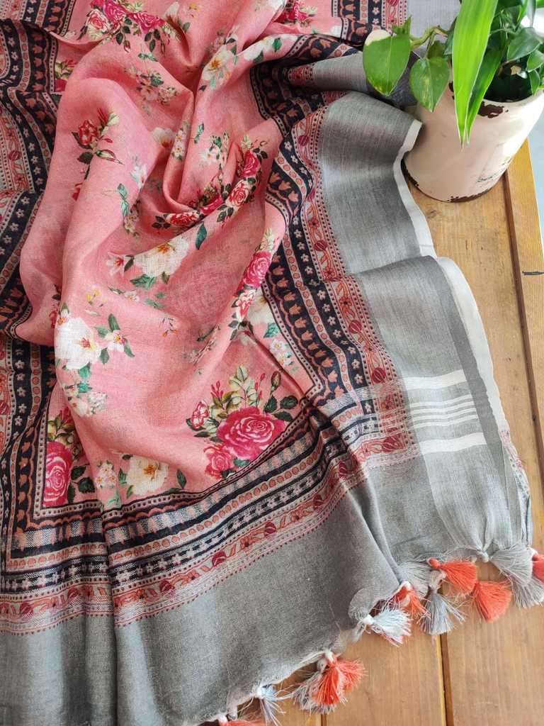 Peach Pure Linen Dupatta Online - Desi Weaves
