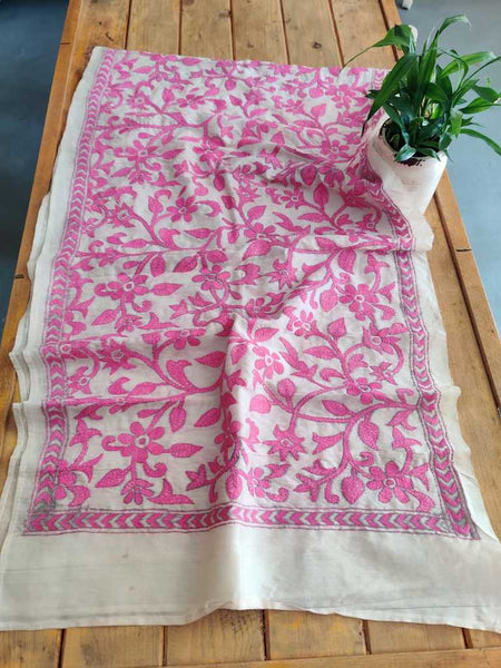 Pure Kantha Tussar Silk Stole - Desi Weaves