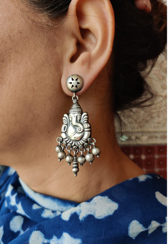 Ganesha handcrafted pure silver earrings - Desi Weaves