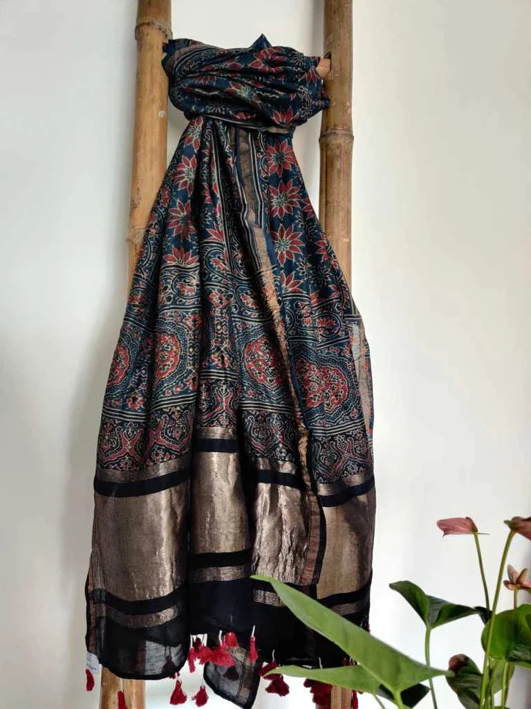 Ajrakh Handblock Chanderi Silk Dupatta - Desi Weaves