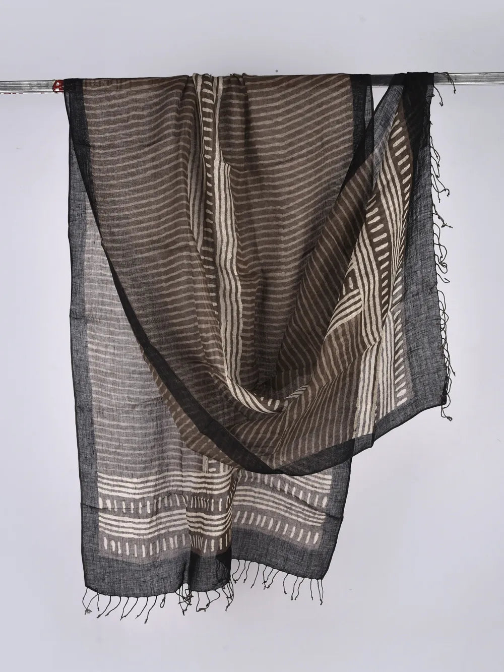 Elegant Fawn & Black Block Print Pure Linen  Dupatta