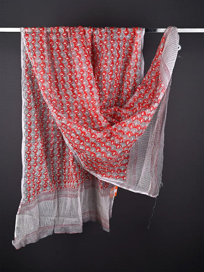 pink kota doria block print dupatta - desi weaves