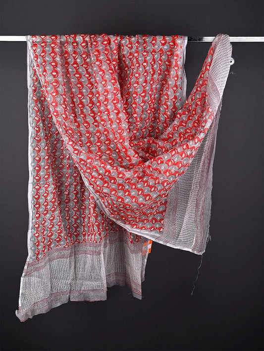 pink kota doria block print dupatta - desi weaves