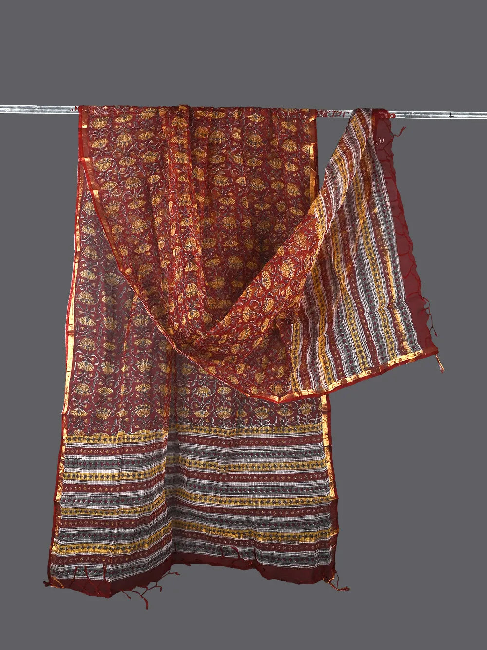 Red & Yellow Block Print Kota Doria Dupatta