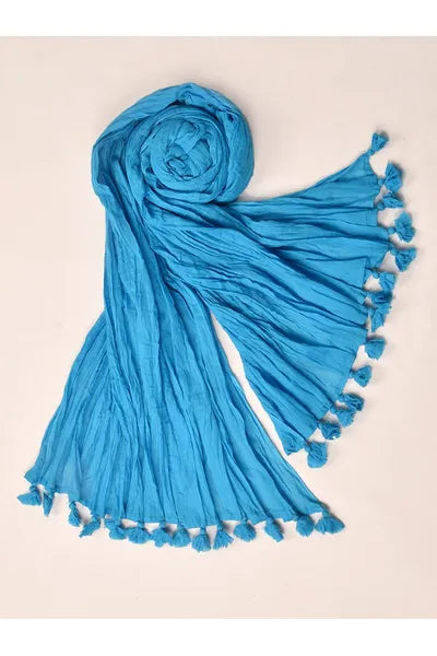 Firoza Blue Mull Cotton Dupatta With Tassels 2.5 meter x 42 Inches