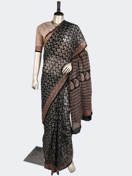 Black kota doria floral saree with brown border 