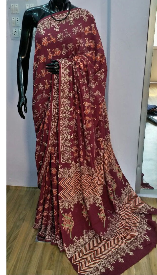 Scooter block printed mul cotton saree