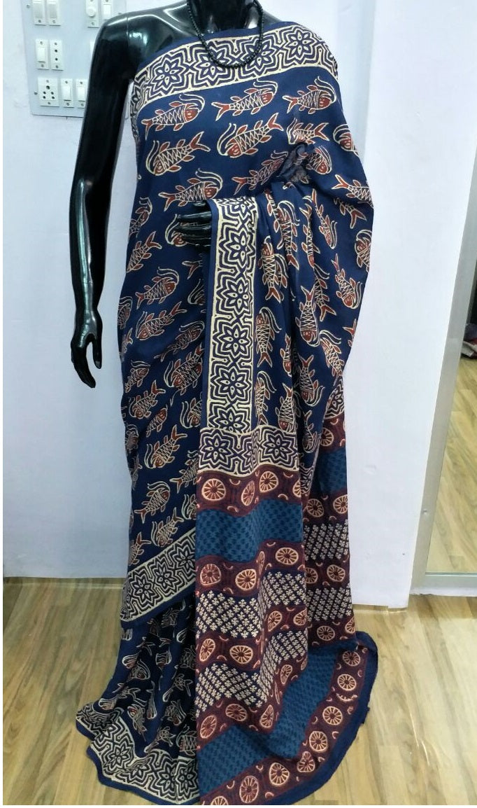 Machli Indigo hand block print mul cotton saree