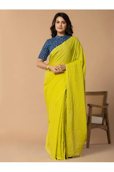 Neon Green Plain Mull Cotton Saree