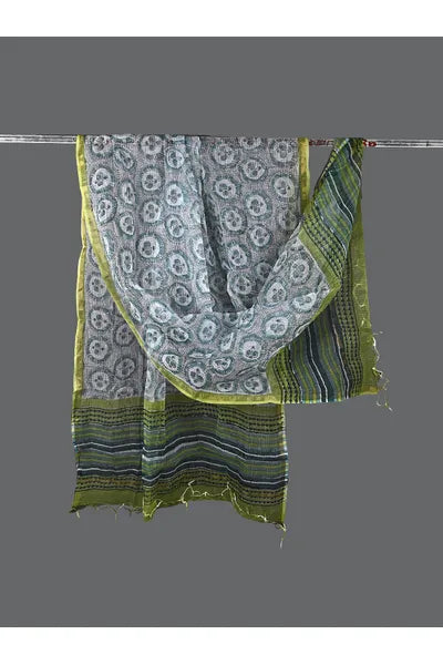 White & Green Handblock Print Kota Doria Dupatta