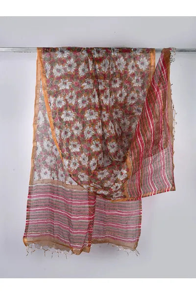 White Poppies Handblock Print Kota Doria Dupatta