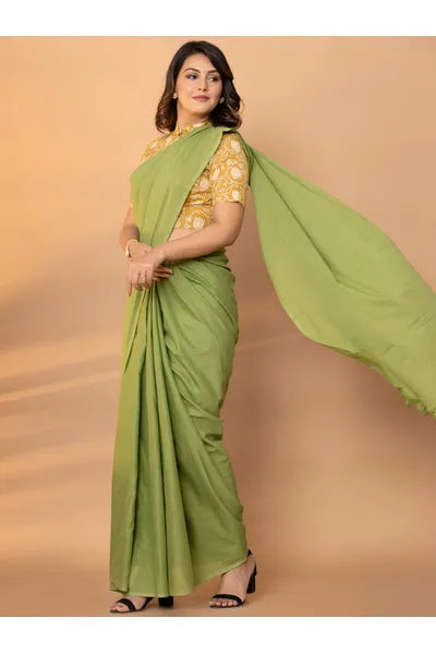 Green Plain Mull Cotton Saree