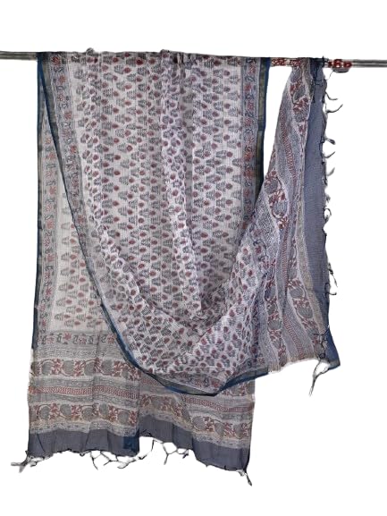 White & Blue Handblock Print Cotton Kota Doria Dupatta