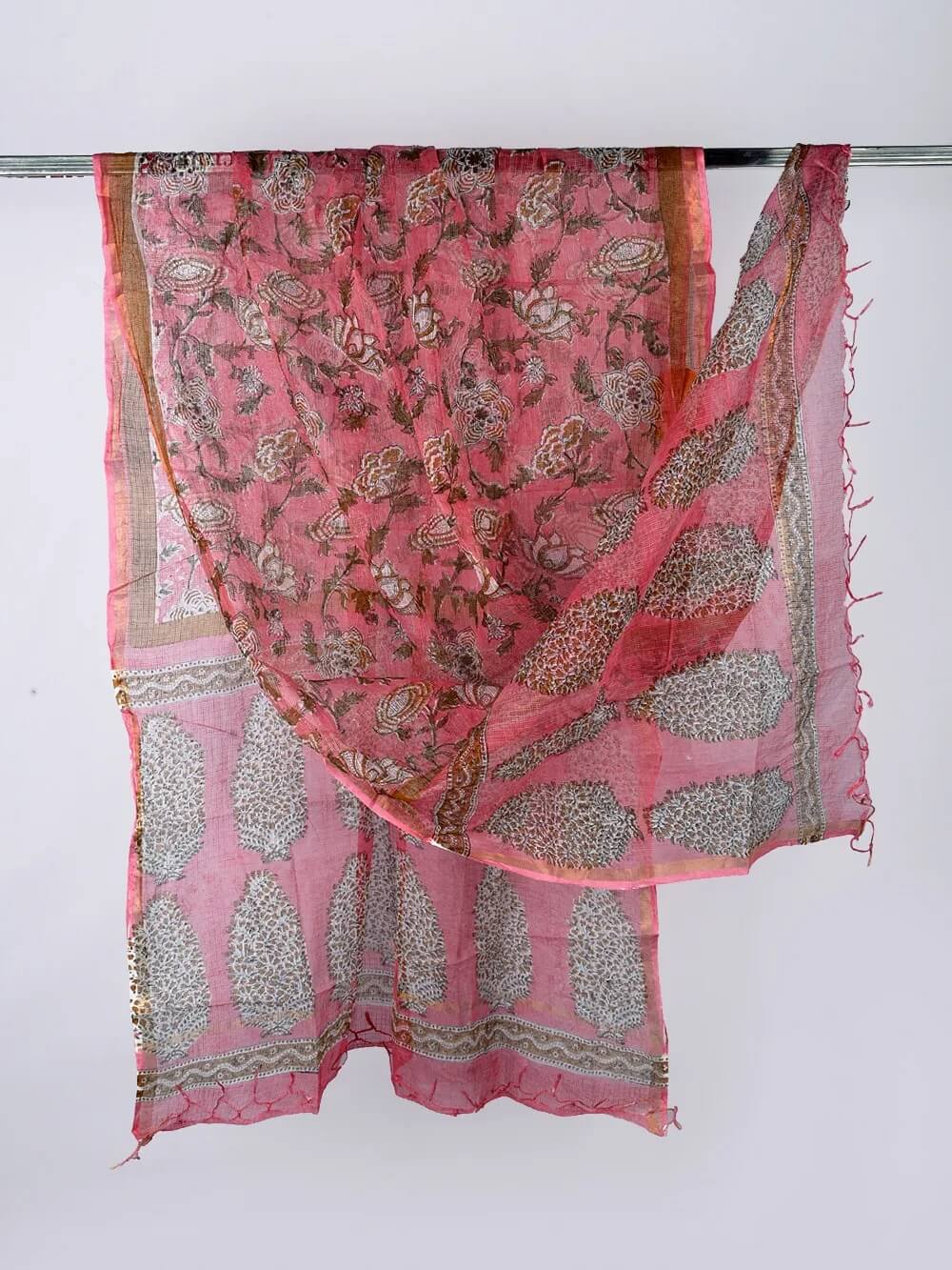 Gulabi Shyam Handblock Print Kota Doria Dupatta