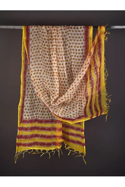 Yellow Handblock Print Kota Doria Dupatta