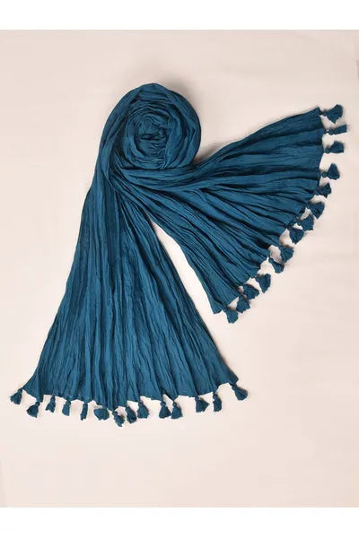 Turquoise Blue Mull Cotton Dupatta With Tassels 2.5 meter x 42 Inches