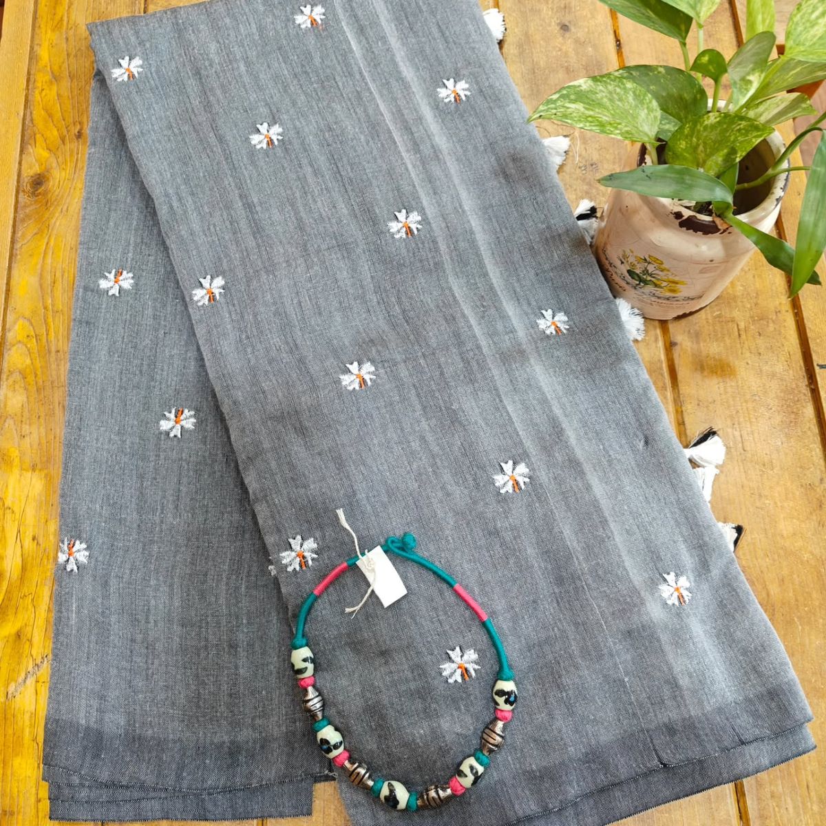 Grey Embroidered Cotton Saree With Blouse