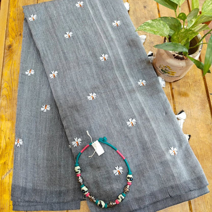 Grey Embroidered Cotton Saree With Blouse