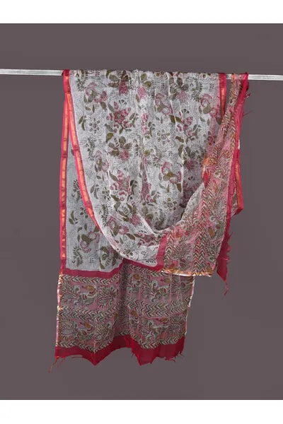 White & Pink Handblock Print Kota Doria Dupatta