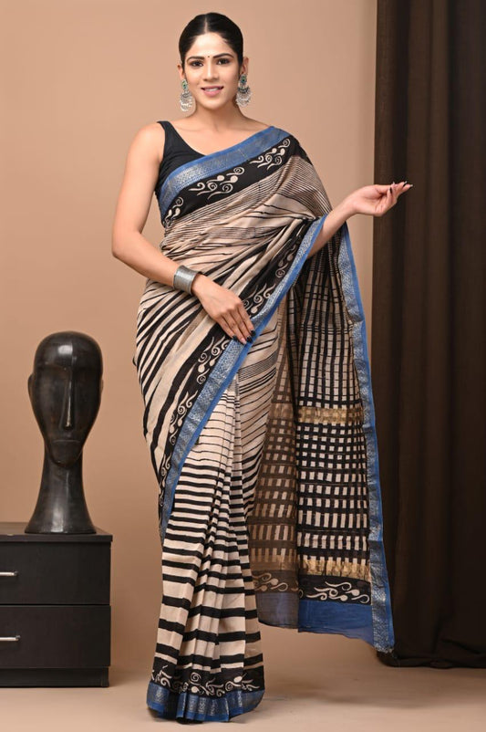 Block Print Maheshwari Cotton Silk Saree